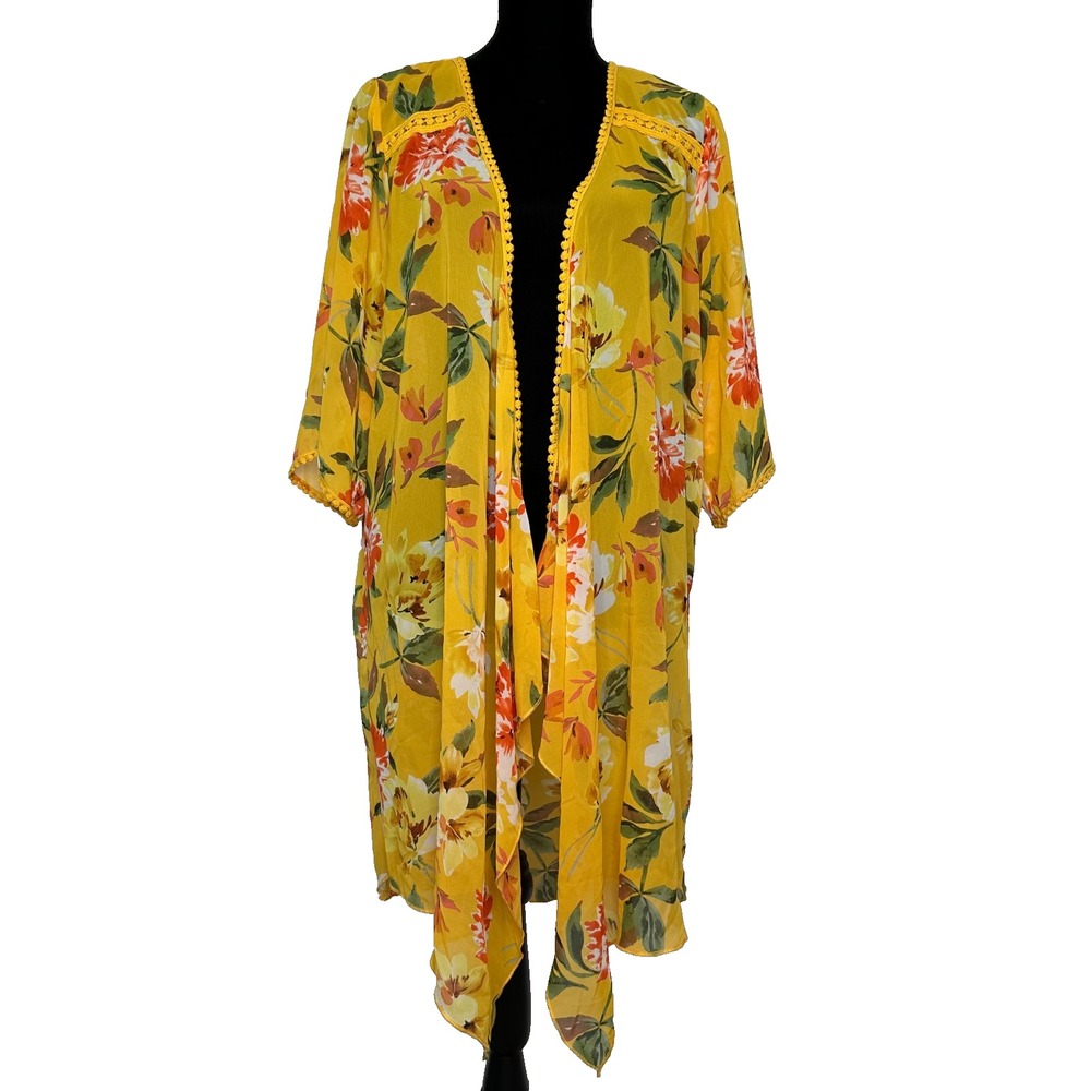 Emory Park Yellow Floral Kimono Sz L Lace Trim Beach‎ Cover Up Bloomcore